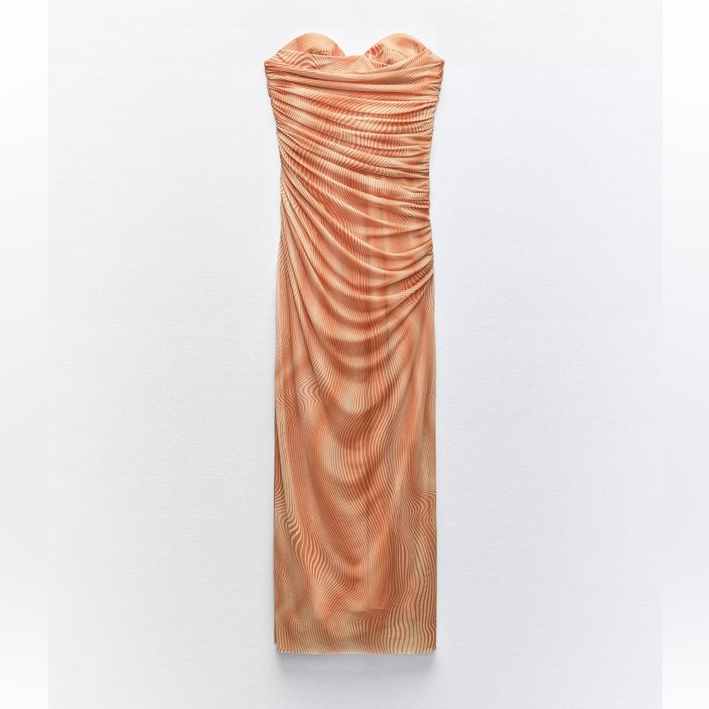 Zara Strapless Ruched Maxi Dress in Peachy Coral